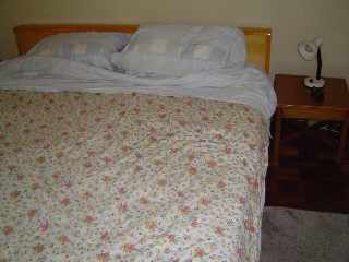 Bed with hand tied Mormon quilt